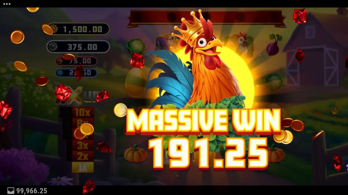 Cenário rural vibrante do slot Rey Gallo X UP com elementos de fazenda e ovos dourados